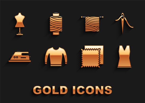 采购产品针织衫，针线缝纫，妇女服装，纺织织物卷，电熨斗，编织，人体模型和缝纫线轴图标。向量图片下载