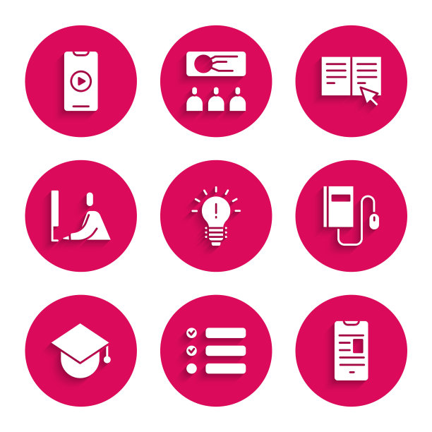 设置概念灯泡，任务列表，在线图书手机，电子鼠标，毕业帽地球仪，学生工作笔记本电脑，播放视频图标。向量图片下载
