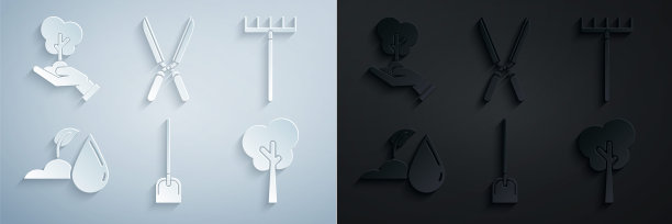 集铲，花园耙，浇水芽，树，园艺手工剪刀修剪和环保图标。向量图片下载