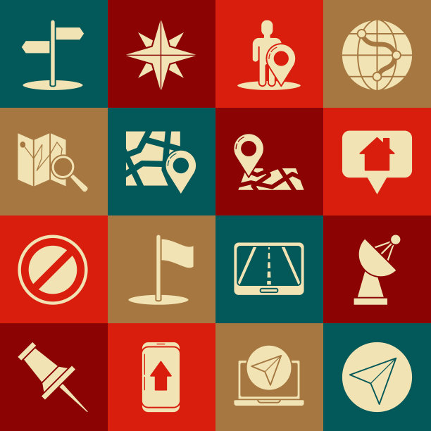 集纸飞机，雷达，地图指针与房子，标记轮廓的人，折叠地图位置，道路交通标志和图标。向量图片下载
