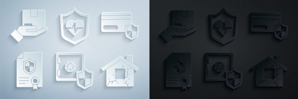设置安全盾牌，信用卡，合同，房子，人寿保险和交付图标。向量图片下载