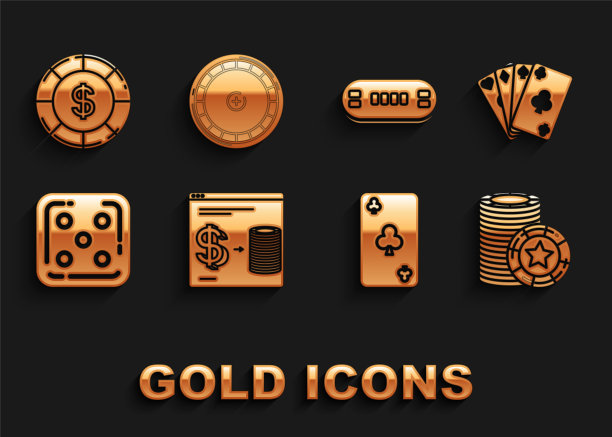 设置在线赌场筹码交换堆叠美元，打牌，赌场，俱乐部符号，游戏骰子，扑克桌，轮盘赌轮图标。向量图片下载