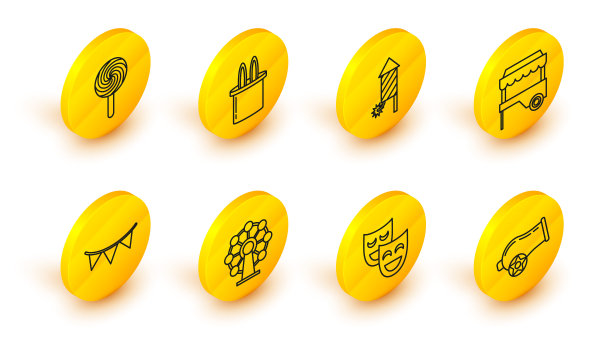 集线大炮，喜剧戏剧面具，摩天轮，嘉年华花环与旗帜，快街食品车篷，烟花火箭，魔术师帽子兔子耳朵和棒棒糖图标。向量图片下载