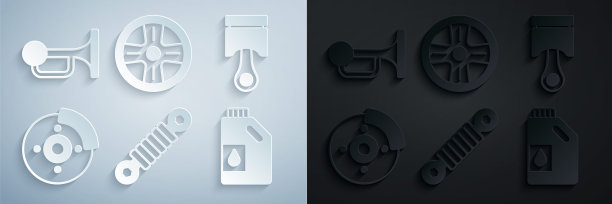 集减震器，发动机活塞，带卡钳的汽车制动盘，机油罐，合金车轮和汽车标志喇叭。向量图片下载