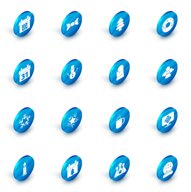 集领结，圣诞树，甜甜圈与甜釉，日历，雪花，雪人，天使和连指手套图标。向量图片下载