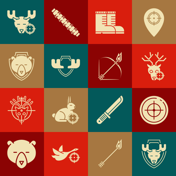 设置驼鹿头在盾牌上，目标运动射击比赛，狩猎鹿与十字准星，猎人靴子，角，熊，驼鹿和弓和火箭头图标。向量图片下载
