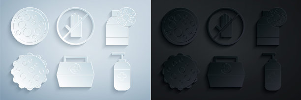 设置急救箱，装有病毒的瓶子，病毒，液体抗菌肥皂，没有握手和图标。向量图片下载