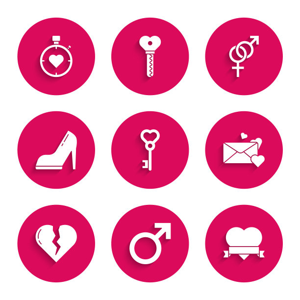 设置钥匙心形，男性性别符号，心脏和丝带，信封，破碎或离婚，女人鞋高跟鞋，性别和中心秒表图标。向量图片下载