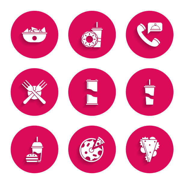 集汽水罐，披萨，三明治，纸玻璃与饮用吸管水，汉堡，交叉叉，食品订购和玉米片盘图标。向量图片下载