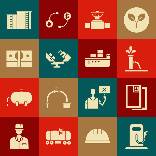 集汽油或加油站，桶油，油泵泵千斤顶，工业管道和阀门，失事油轮，堆栈纸币现金，工业厂房和图标。向量图片下载