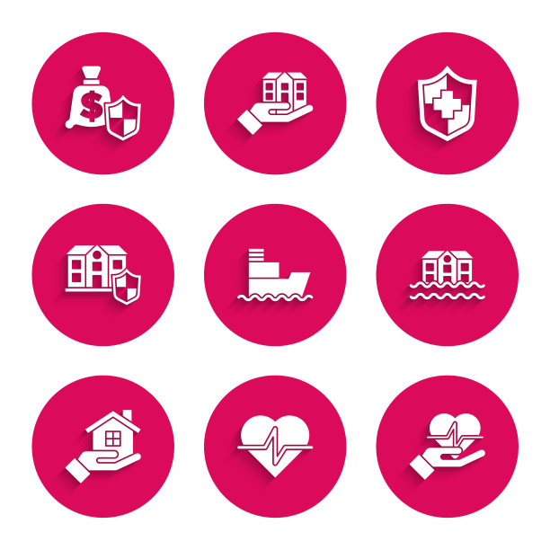 设置船，人寿保险，手，房子洪水，盾牌，和金钱图标。向量图片下载