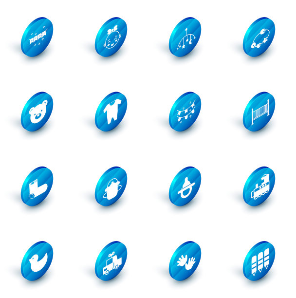 集快乐小女孩头，婴儿床挂玩具，摇铃婴儿，泰迪熊毛绒，袜子衣服，摇篮床和嘉年华花环与旗帜图标。向量图片下载