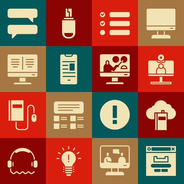 设置浏览器窗口，云或在线图书馆，视频聊天会议，任务列表，在线图书移动，监视器，语音气泡和教育图标。向量图片下载