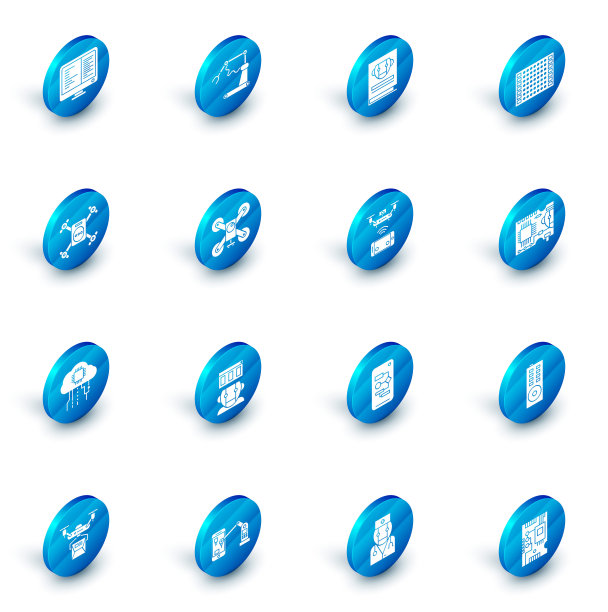 集工业机器机器人手臂手工厂、用户手册、印刷电路板PCB、无人机飞行与动作相机、物联网、遥控航拍无人机等图标。向量图片下载