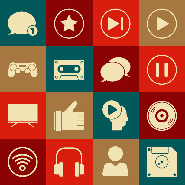 设置软盘计算机数据存储，乙烯基，暂停按钮，快进，复古录音带，手柄，语音气泡聊天和图标。向量图片下载