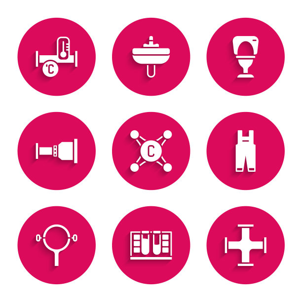 集水龙头，试管与水滴，工业金属管，工作工作服，过滤器扳手，管道适配器，马桶和图标。向量图片下载