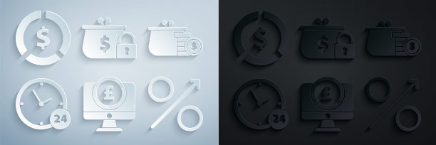 设置计算机显示器英镑符号，钱包硬币，时钟24小时，百分比向上箭头，关闭钱包和硬币货币美元图标。向量图片下载