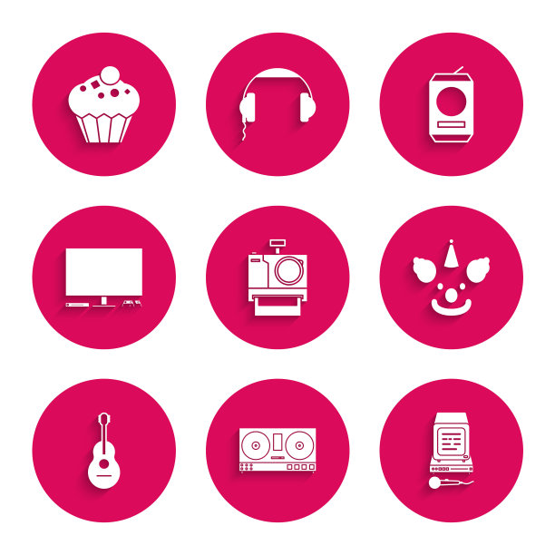 集相机，DJ遥控器播放和混合音乐，卡拉ok，小丑头，吉他，视频游戏机，啤酒罐和松饼图标。向量图片下载