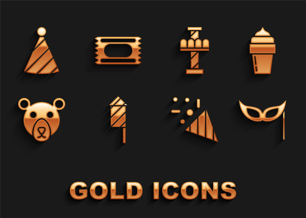 集烟花火箭，冰淇淋，节日面具，五彩纸屑，熊头，吸引力旋转木马，派对帽和马戏团门票图标。向量图片下载