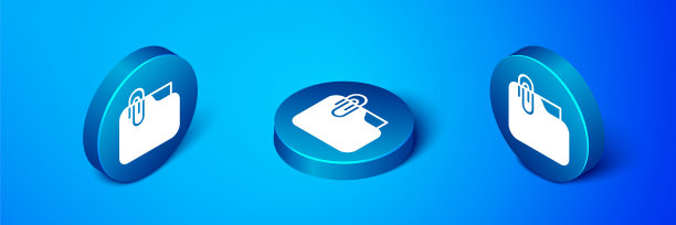 等距文档文件夹与回形针图标隔离在蓝色背景。会计活页夹符号。记账管理。蓝色圆圈按钮。向量图片下载