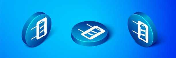 等距经典理发店杆子图标孤立的蓝色背景。理发店的柱子符号。蓝色圆圈按钮。向量图片下载