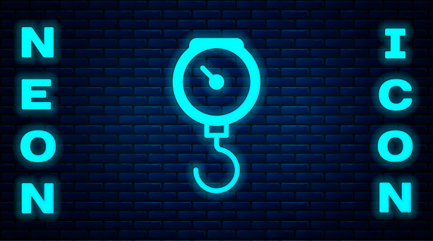 发光的霓虹灯手规模弹簧机械图标孤立的砖墙背景。向量图片下载