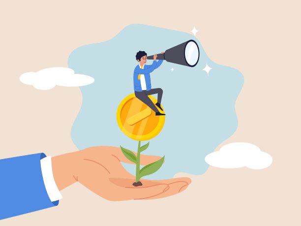 不断增长的财富观念。投资或储蓄增长，金融和银行预测，盈利或增长收入或共同基金回报，人们用金钱硬币看植物上的花。图片下载