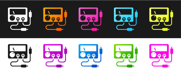 设置安培表，万用表，电压表图标隔离在黑白背景。测量电流的仪器。向量图片下载