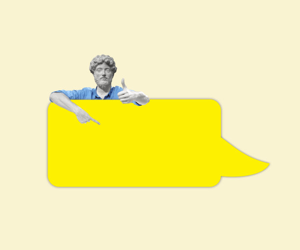 当代艺术拼贴的一个人为首的雕像头，使极好的标志和对话泡沫。图片下载