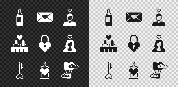 集酒瓶，信封与情人节的心，情侣的爱，关键形状，瓶子药水，浪漫的热气球，和城堡的图标。向量图片下载