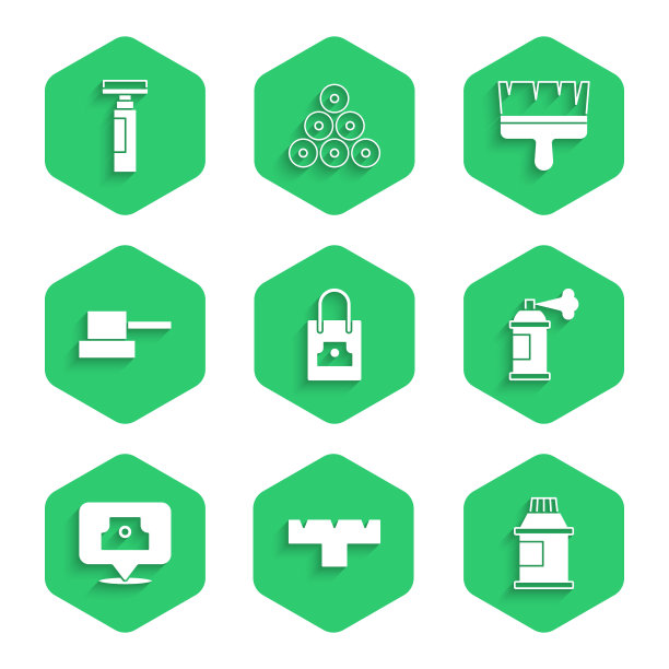 设置喷雾罐喷嘴盖，记号笔附件，油漆，水粉，罐子，染料，喷雾，刷子和图标。向量图片下载