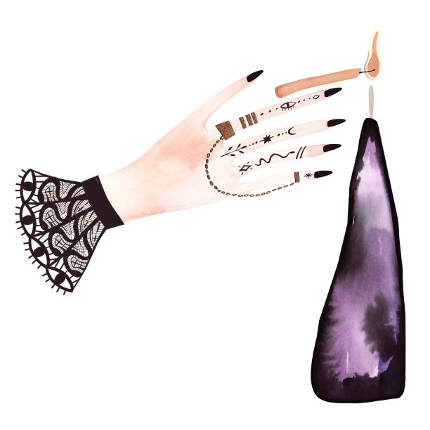 女巫的手用一根燃烧的火柴点燃了魔法蜡烛。在火上算命，一种预测未来的仪式。剪纸艺术。栅格水彩插图孤立在白色背景。图片下载