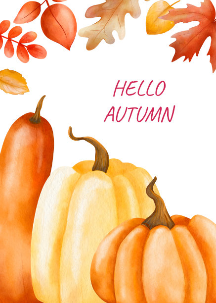你好，秋天的明信片，有橙色的叶子和南瓜。现代艺术设计。抽象的背景。秋季花卉卡片。数字水彩插图图片下载