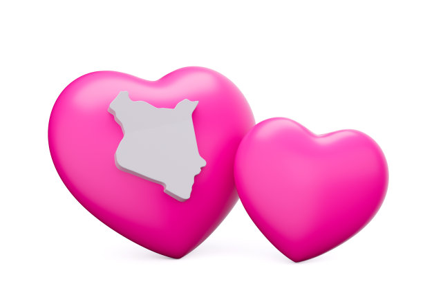三维闪亮的粉红色心与三维肯尼亚白色地图孤立在白色背景，三维插图图片下载