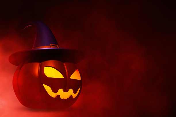 卡通微笑南瓜与女巫帽子在3d插图图片下载