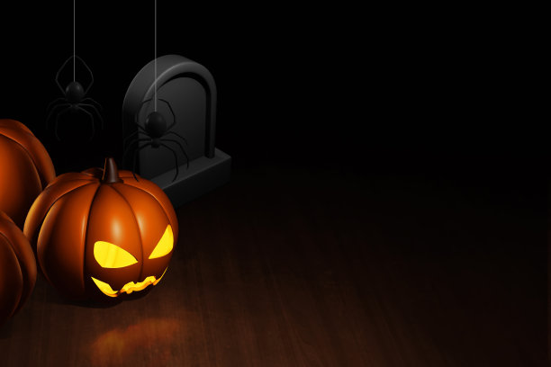 卡通微笑南瓜与发光的脸墓地墓地3d插图图片下载