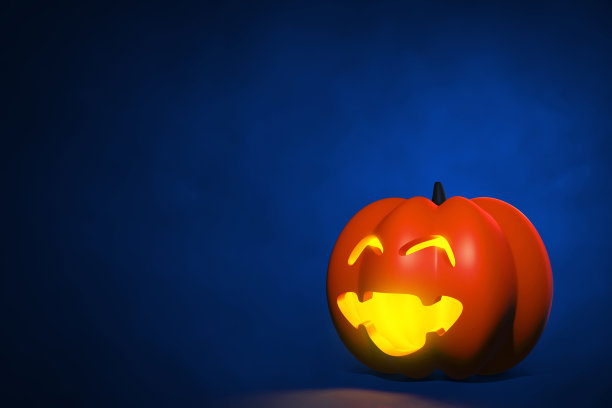 卡通有趣的微笑南瓜发光的脸在蓝色烟雾背景3d插图图片下载