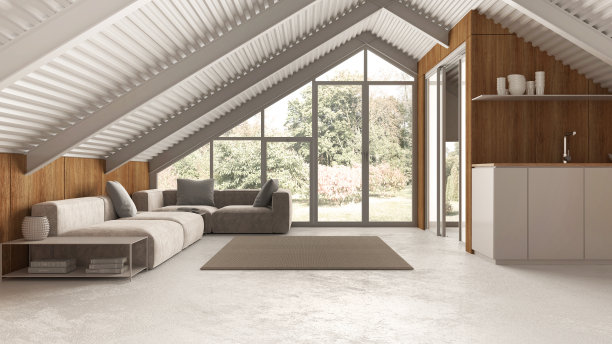 白色色调的现代豪宅，客厅配有沙发和厨房。铁梁和树脂地板。全景窗与花园景观。极简室内设计图片下载