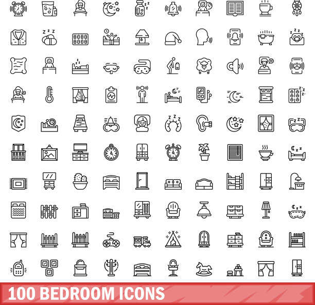 100个卧室图标设置大纲风格图片下载