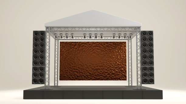 舞台表演和桁架结构的3D渲染与音响系统，和铜纹理屏幕为所有活动，表演，舞台设计概念图片下载