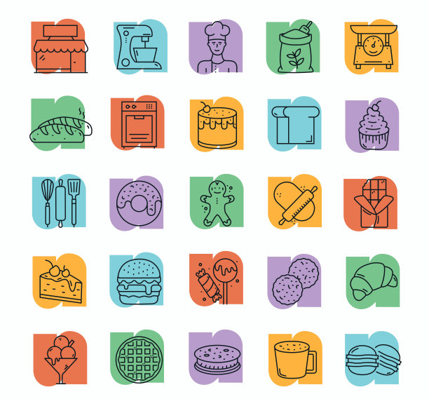 面包店线图标可编辑的描边。烤箱，面粉，面包头，厨师，搅拌机，蛋糕图片下载