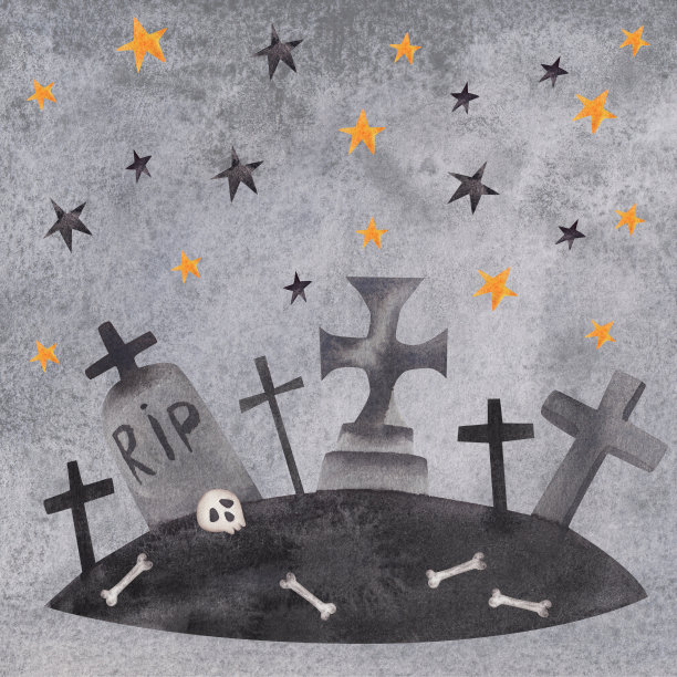 墓地和星星。万圣节的名片。水彩组成图片下载