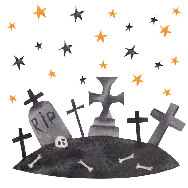 墓地和星星。万圣节的名片。孤立在白色背景上的水彩画图片下载
