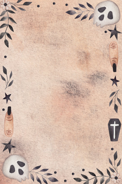 头骨，维尔玛的手指，棺材，树叶。水彩万圣节框架。水彩背景插图图片下载
