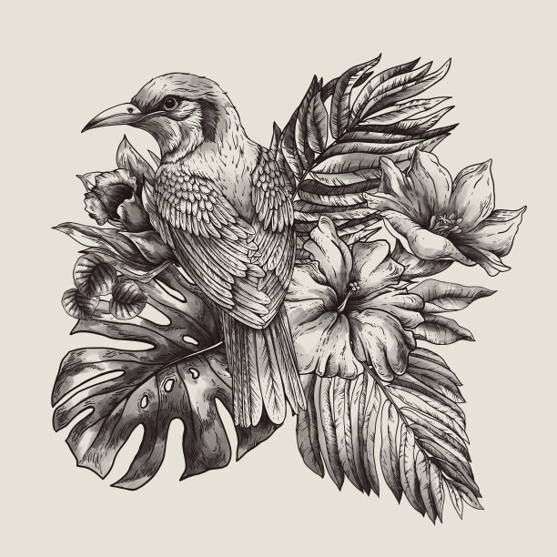 复古单色热带幻想鸟，树叶和鲜花，经典的邀请卡图片下载