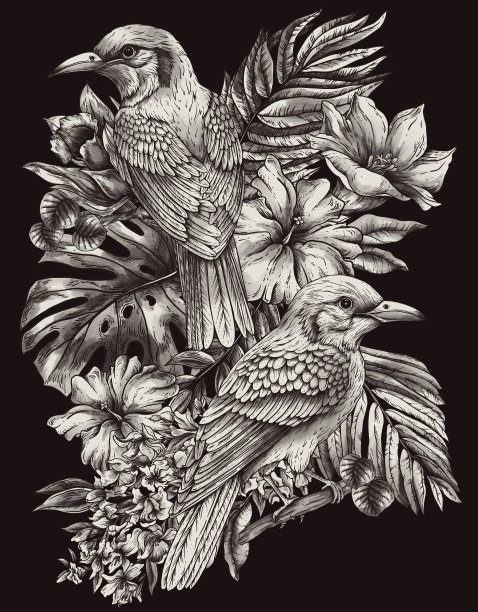 复古单色热带幻想鸟，树叶和鲜花，经典的邀请卡图片下载