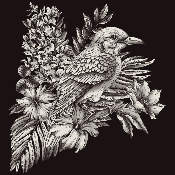 复古单色热带幻想鸟，树叶和鲜花，经典的邀请卡图片下载