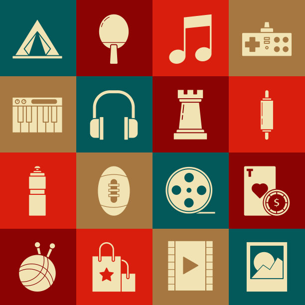 集相框，赌场芯片和扑克牌，擀面杖，乐谱，音调，耳机，合成器，旅游帐篷和国际象棋符号图标。向量图片下载