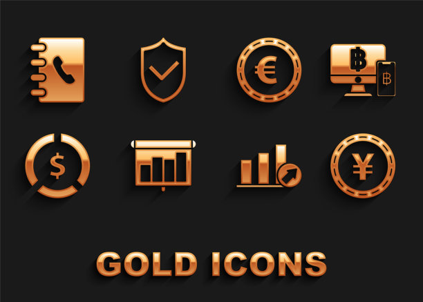 集演示财务板与图形，信息图，饼图，电脑显示器手机和比特币，硬币日元符号，美元，欧元，地址簿和盾勾标记图标。向量图片下载