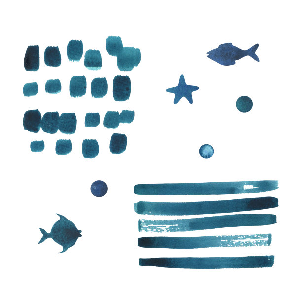 条纹，星星，鱼，圆点和波浪的蓝色和绿松石笔触。以幼稚的风格绘制的水彩插图。白色背景上的一组孤立物体图片下载